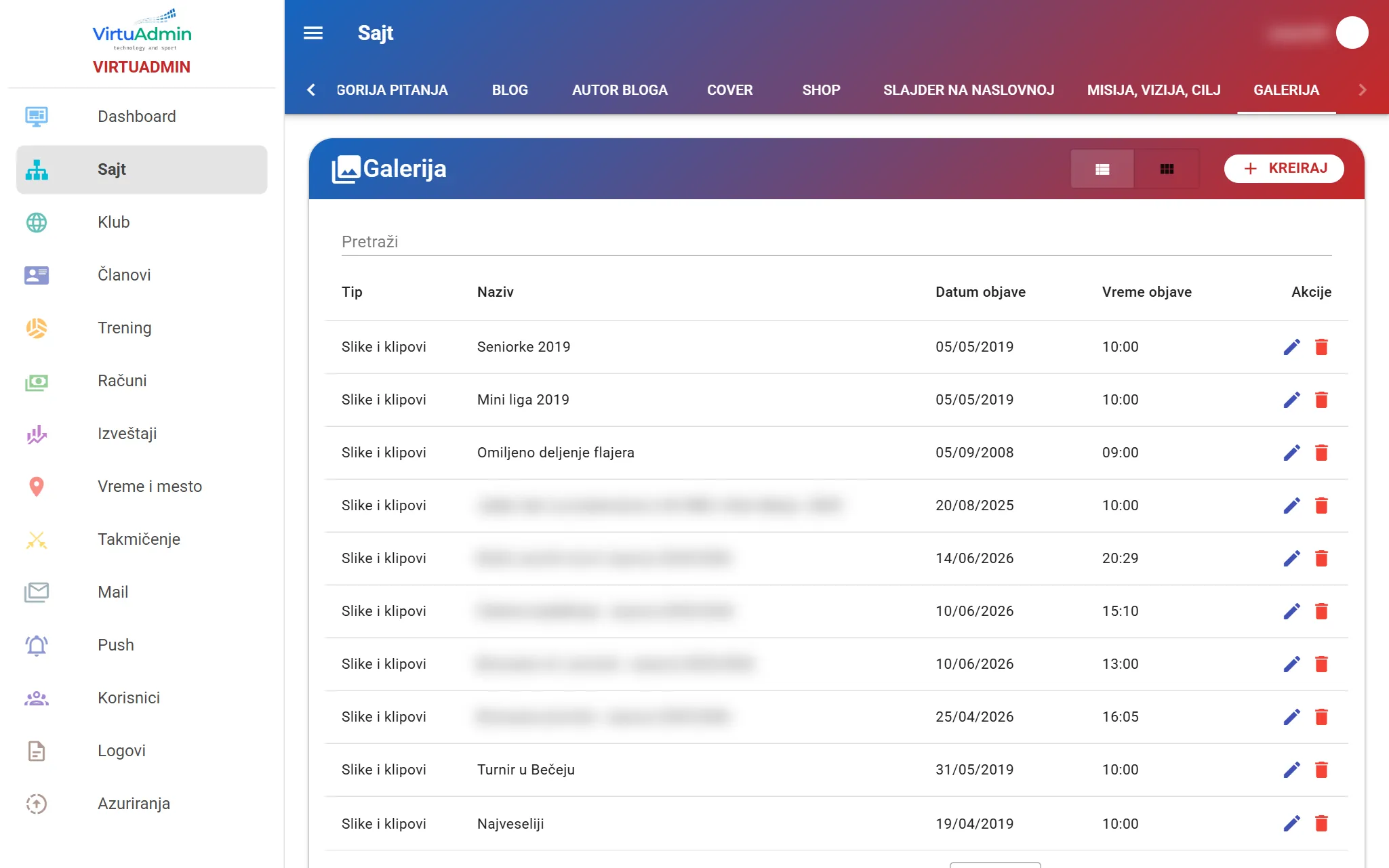 Gallery: photo and video albums with publish date