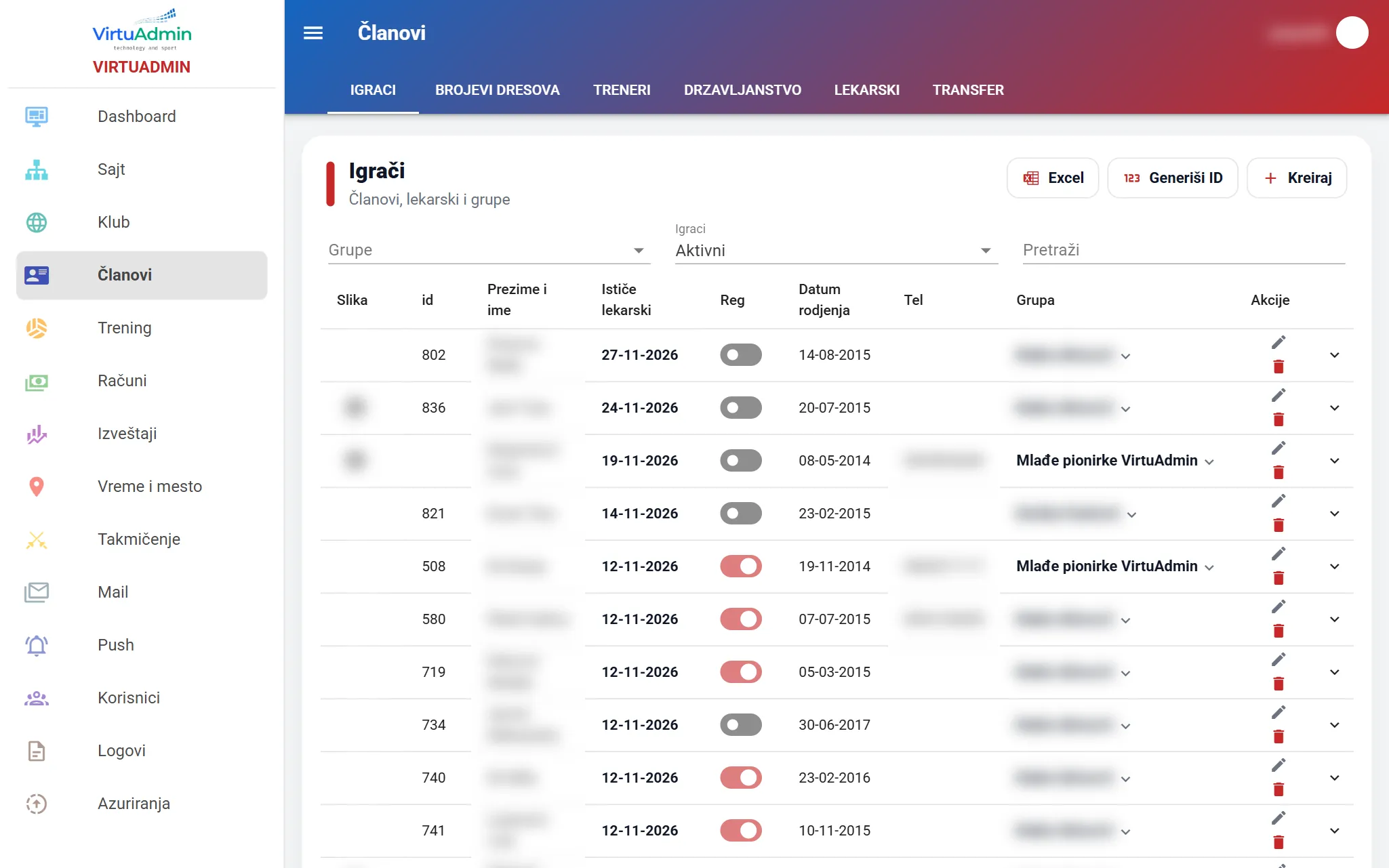 Player list with medical, registration and group