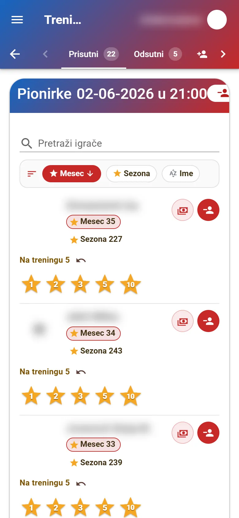 Trening: prisutni igrači i dugmad za zvezdice