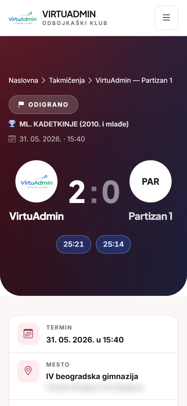 Public match page with the score by set