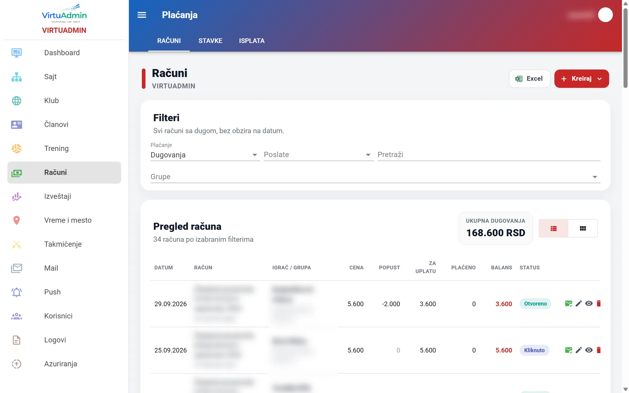 Bills in VirtuAdmin: filters, total debt, colour-coded email statuses and actions