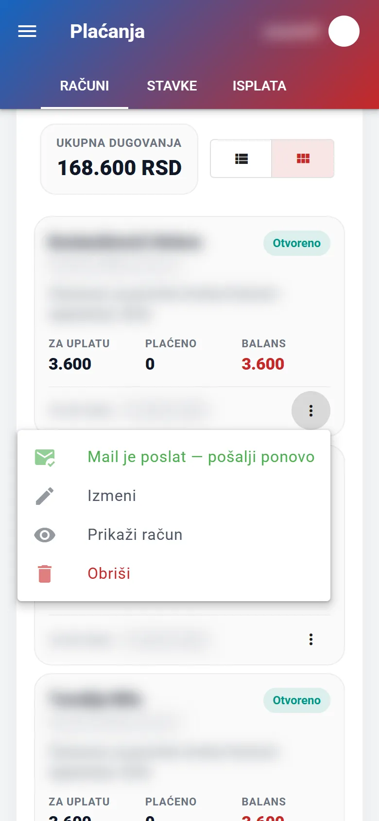 Actions menu under a bill on the phone