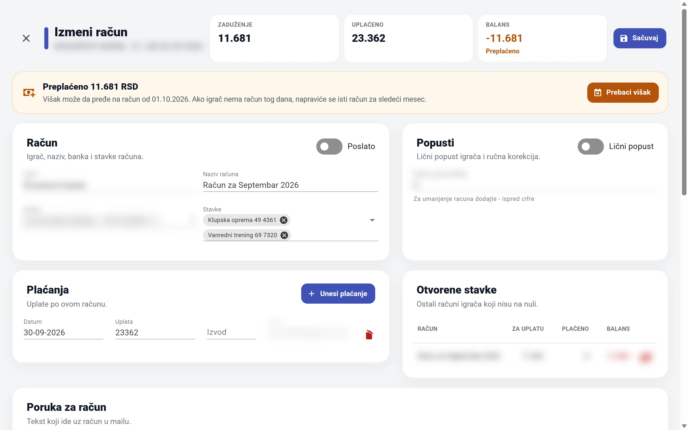 A bill in VirtuAdmin marked “Preplaćeno” (overpaid) with the “Prebaci višak” (move surplus) button