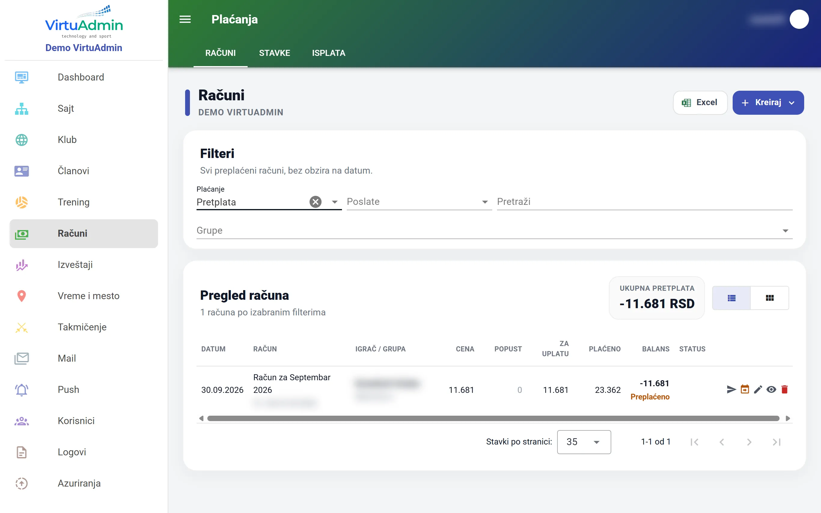 Bills sorted by balance: overpaid bills marked “Preplaćeno” (overpaid)