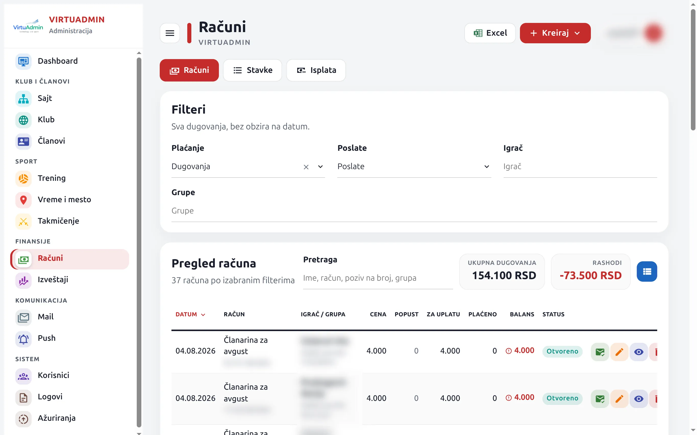 Bills in VirtuAdmin: the menu in groups, filters and the list of bills