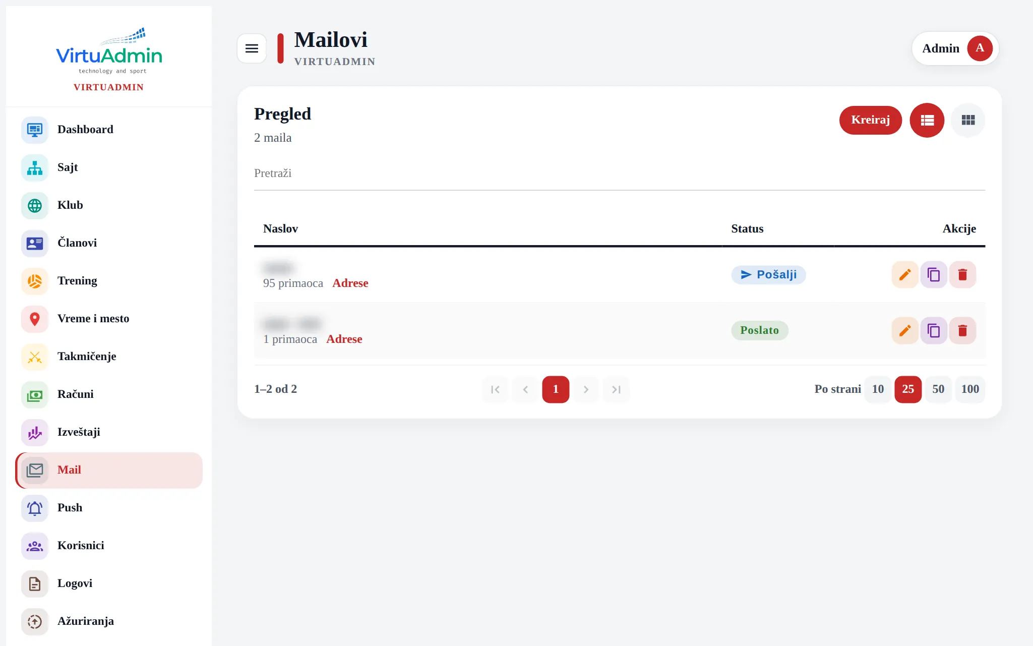 Mail in the new VirtuAdmin: the message, its status and sending