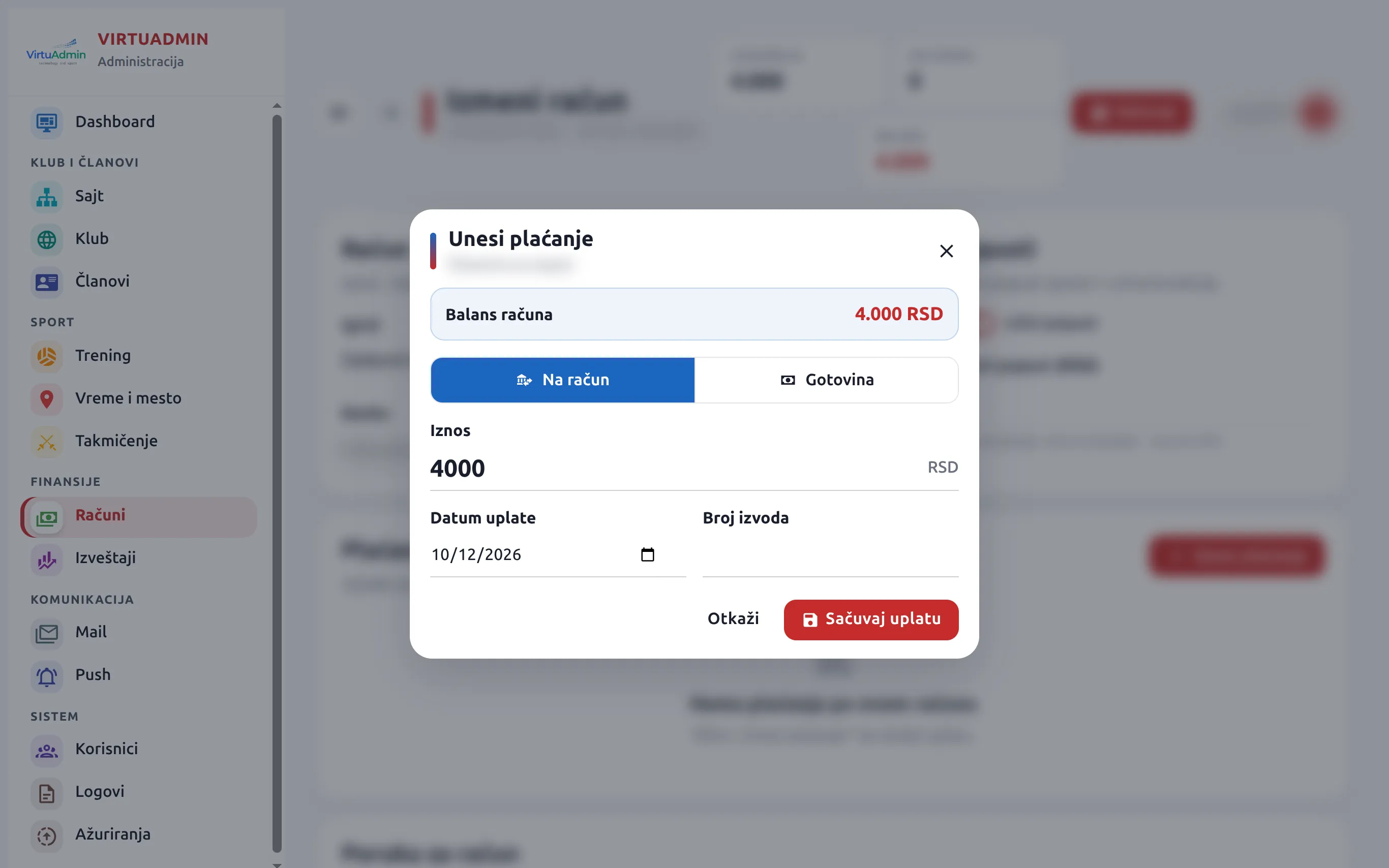 The payment window in VirtuAdmin: what is left to pay, payment method, amount and date